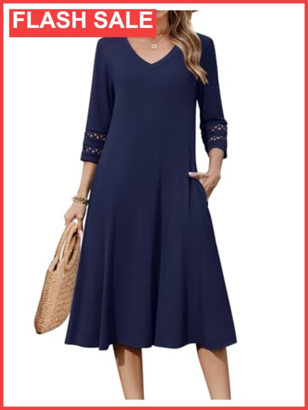 3/4 Sleeve V-Neck A-Line Eyelet Midi Dress with Pockets